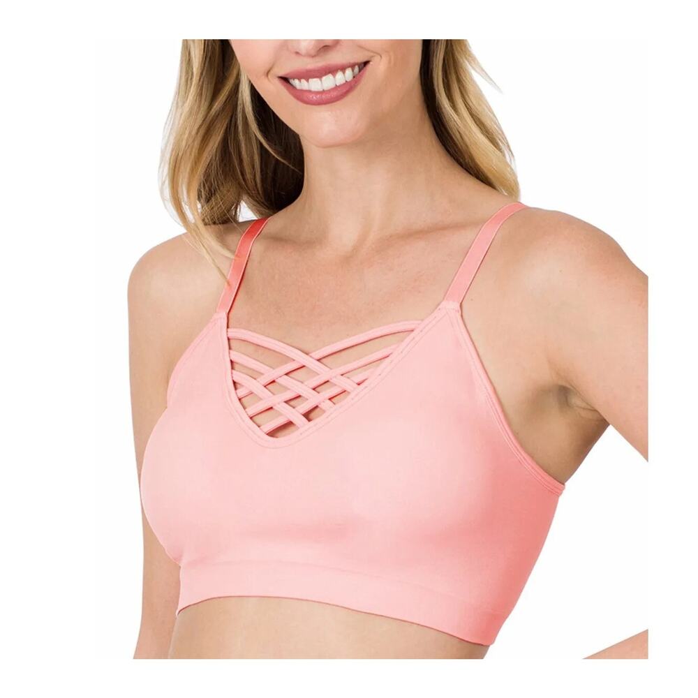 Women's Front V-Lattice Bralette‎ Adjustable Straps NOT PADDED Dusty Pink S/M